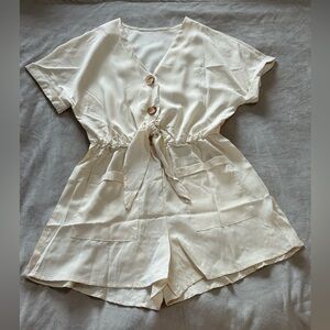 Womens Short Sleeve Romper V-neck Button Down Front Tie Knot Short Jumpsuit